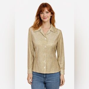 Vintage 70s Gold Polyester Button Up Shirt Disco Glam Blouse